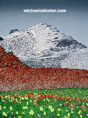 Pintura: ROJO, BLANCO  & GRIS, Indian Paintbrush (Castilleja) y Flores de las Montañas Rocosas, óleo sobre lienzo